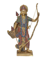 Rama ji metal statue standing with bow, jeweled blue-red-green drape, stonework details