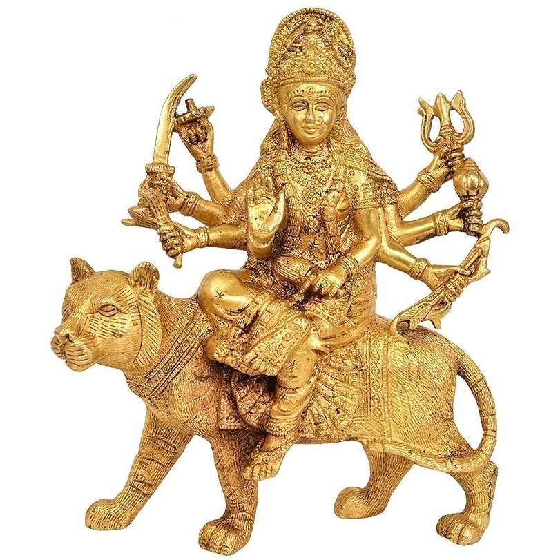 Brass Durga Mother Goddess statue, seated on lion with four arms raised