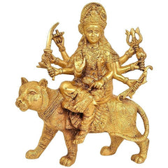 Brass Durga Mother Goddess statue, seated on lion with four arms raised