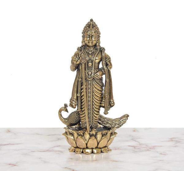 Superfine Brass Standing Lord Kartikeya with Peacock Murugan Murti (Height 8 Inch) Study Setting