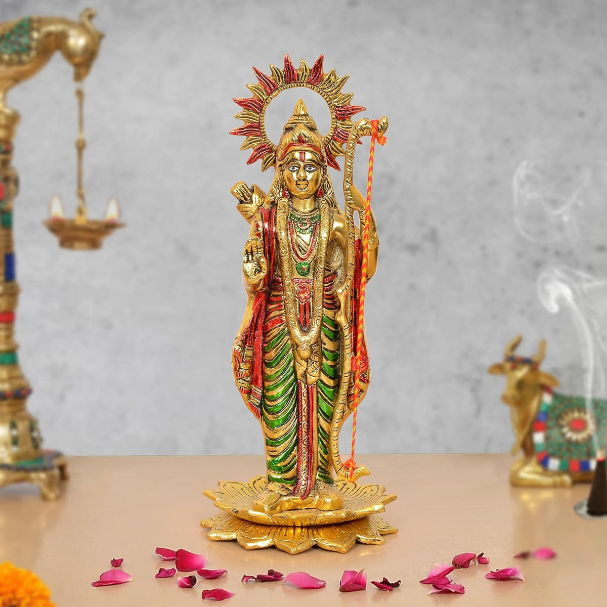 Standing Ram ji metal sculpture with colorful crown and pedestal base