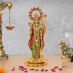 Standing Ram ji metal sculpture with colorful crown and pedestal base