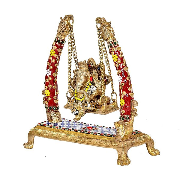 Brass Ganesha Playing On Swing Ganesha Jhula Decorative Showpiece Multicolour (Height 10 Inch) Study Setting