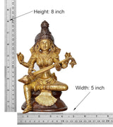 Brass Saraswati idol, 8 in height; seated veena pose, shown with width 5 in
