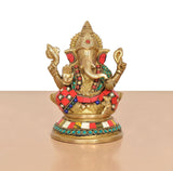 Brass Ganpati Bappa murti (6 inch) front view, multicolor jeweled decorations and crown