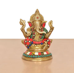 Brass Ganpati Bappa murti (6 inch) front view, multicolor jeweled decorations and crown