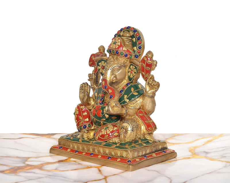 Brass Sitting Lord Ganesha Idol (Height 8 Inch) (Multicolor 1)