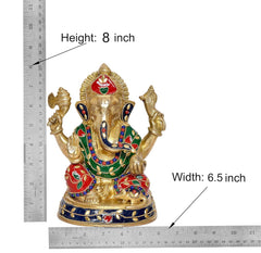 Brass Ganesha idol measuring 8 inch height and 6.5 inch width, colorful jeweled design