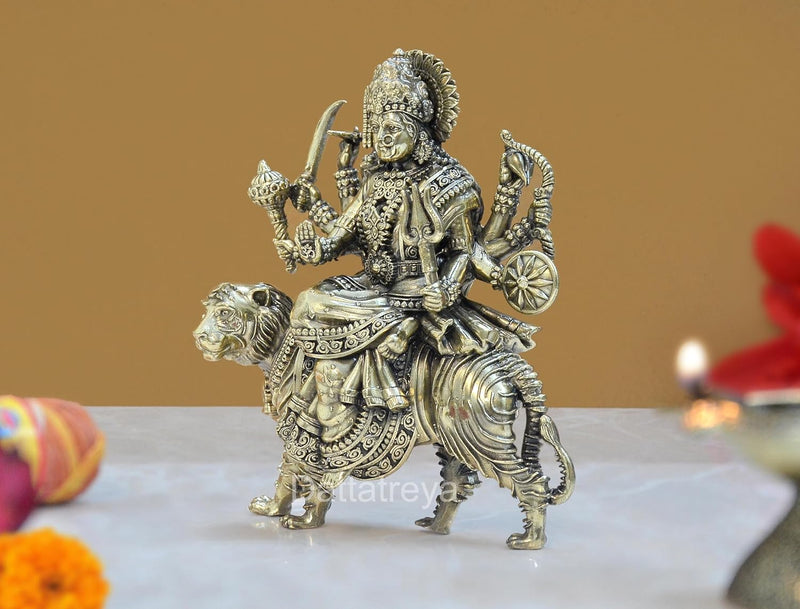 Bronze Durga Maa with Lion Idol Hindu Goddess Sherawali MATA Murti MATA Rani Statue Figurine Home Temple (Height: 6 Inch)