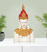 Resin Buddha statue, white face with gold necklace and red crown, front view