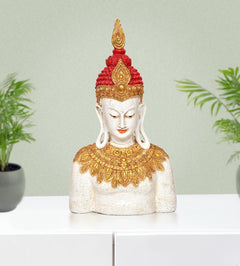 Resin Buddha statue, white face with gold necklace and red crown, front view