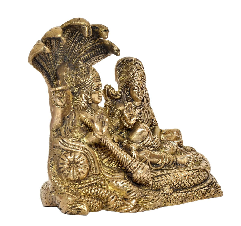 Maa Lakshmi with Lord Vishnu On Sheshnag Idol Statue for Home Mandir Temple Office Decor - (Brass, Height 6.5 Inch)