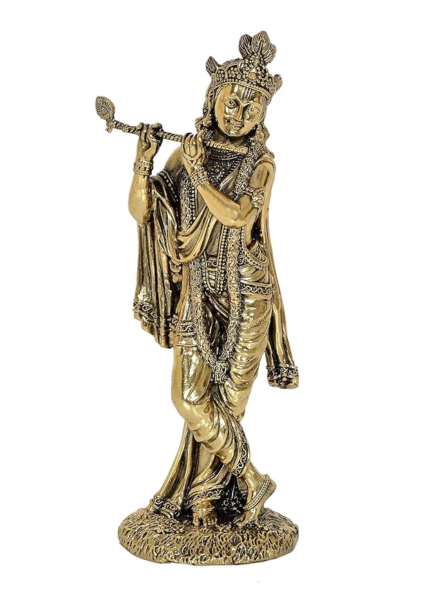 Fine Brass Lord Krishna Idol Figurine Sculpture Playing Flute Statue Decorative Showpiece, (Height 8 Inch)