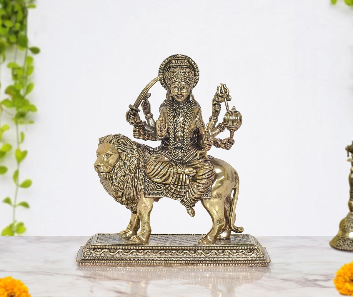 Superfine brass Durga Maa idol seated on lion, detailed ornaments and weapons