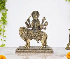 Superfine brass Durga Maa idol seated on lion, detailed ornaments and weapons
