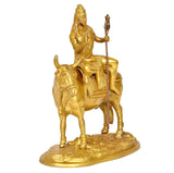 Brass Shiva on Nandi with trident raised, angled rear view religious statue