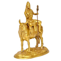 Brass Shiva on Nandi with trident raised, angled rear view religious statue