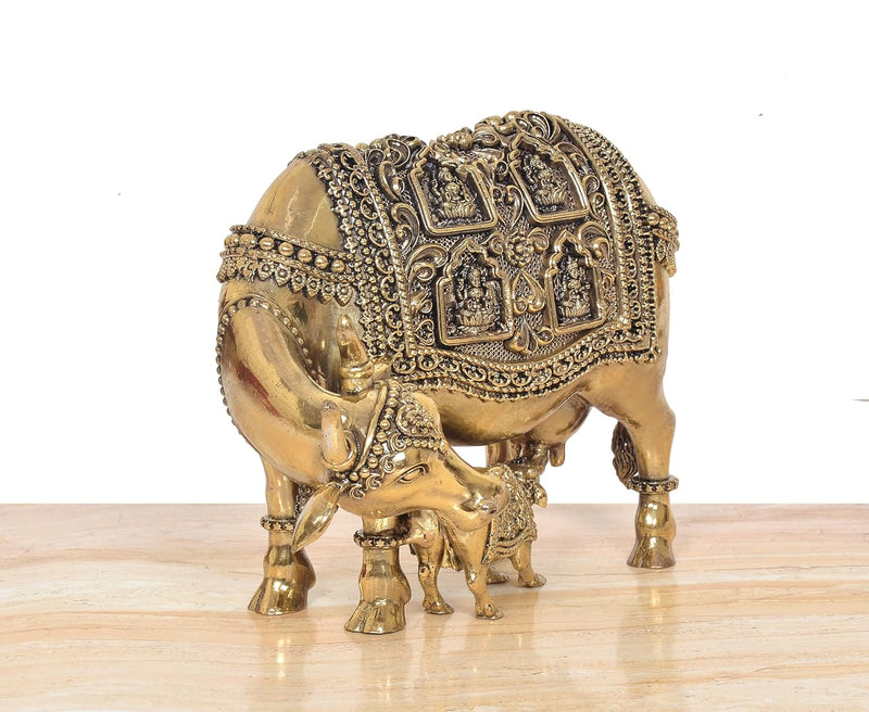 Bronze Kamdhenu Cow with Calf and Ashtalakshmi Showpiece (Height: 7 inch)