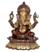 Ganesha lord brass statue, brown and gold finish, front view with raised hands