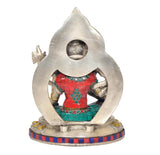 Tara Devi Messingstatue, Rückansicht mit Prunkplatte, türkis-rote Gewänder, goldene Details