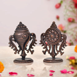 Copper god Sanghu and Chakram for Home Temple and Spiritual Decor (Height 2 Inch)