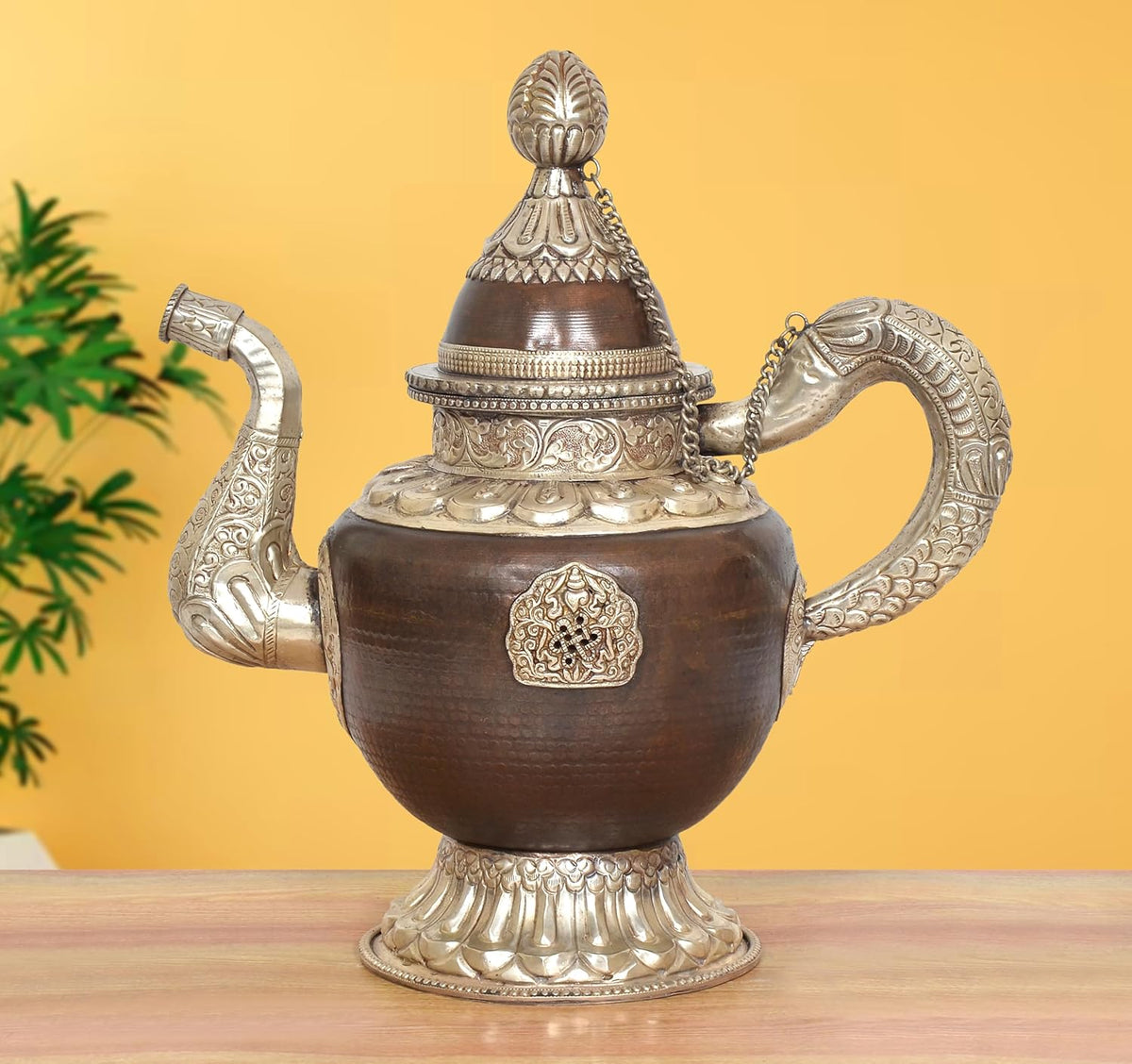 Traditional Himalayan Brass Teapot Tea Kettle Decorative Showpiece (Height: 14 Inches)