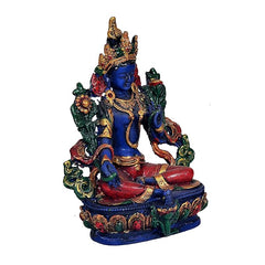 Resin Blue Tara statue, three-quarter view: blue seated figure with flowing arm ornaments