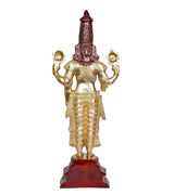 Messing-Idolstatue Bala Ji, Rückansicht, goldene Gewänder, roter Kopfschmuck, Sockel