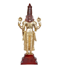 Messing-Idolstatue Bala Ji, Rückansicht, goldene Gewänder, roter Kopfschmuck, Sockel