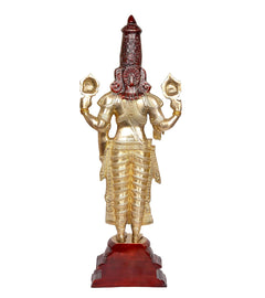 Messing-Idolstatue Bala Ji, Rückansicht, goldene Gewänder, roter Kopfschmuck, Sockel
