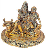 Gold metal Shiva Parvati Kartikeya Ganesha family idol statue, angled view, round base