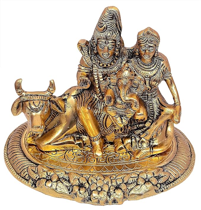 Metal Lord Shiva Parvati Kartikeya and Ganesha Murti Shiv Family Parivar Idol Statue for Home DÃ©cor Mandir Temple Gift Showpiece Gold Height 6 Inches