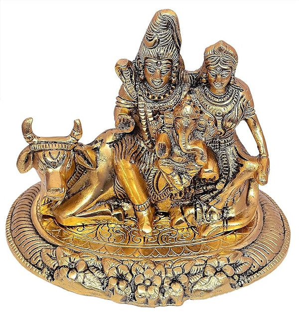 Metal Lord Shiva Parvati Kartikeya and Ganesha Murti Shiv Family Parivar Idol Statue for Home Décor Mandir Temple Gift Showpiece Gold Height 6 Inches