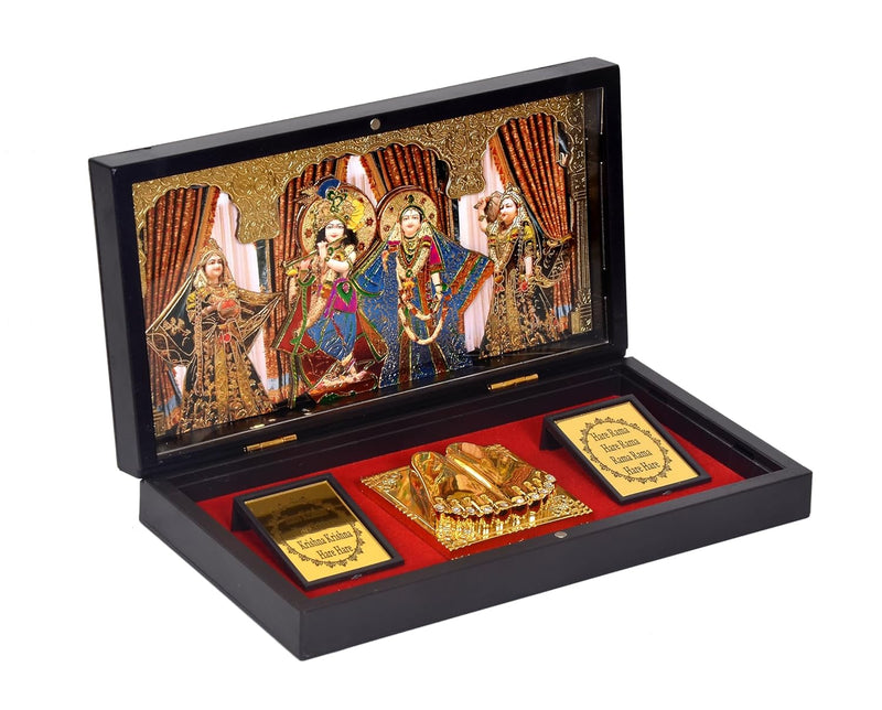 Gold Plated Radha Krishna Photo Frame with Shubh Labh Charan Paduka for Pooja Room, Return Pooja Gift Box Set, (Length : 8.5 inch)