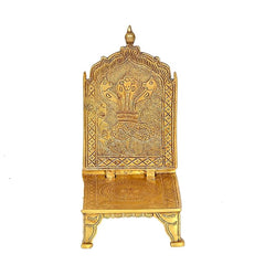 Brass Bhagwan chowki palki with engraved deity backrest and pedestal platform, 7 in