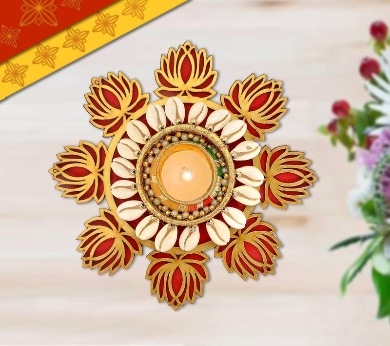 Diwali diya tea light holder with red-and-gold lotus petals and round candle center