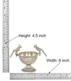 Silver parrot dry fruit bowl with two bird finials and pedestal