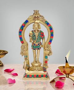 Brass standing Lord Kartikeya Murugan idol, colorful jeweled armor, 10 inch