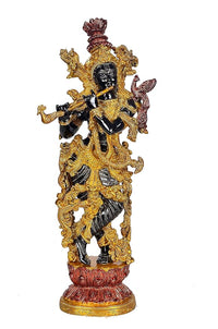 Brass Krishna figurine, 14-inch height, standing pose with flute and ornate crown