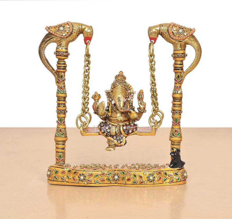 Brass Ganesha On Swing with Two Parrot Holding Chain Statue (Height 8 Inch)
