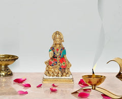 Brass Lord Hanuman statue, 6 in, colorful gemstone-style accents, seated on pedestal