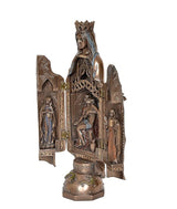 Mother Mary resin statue with open shrine panels and Jesus, three-quarter view, bronze patina