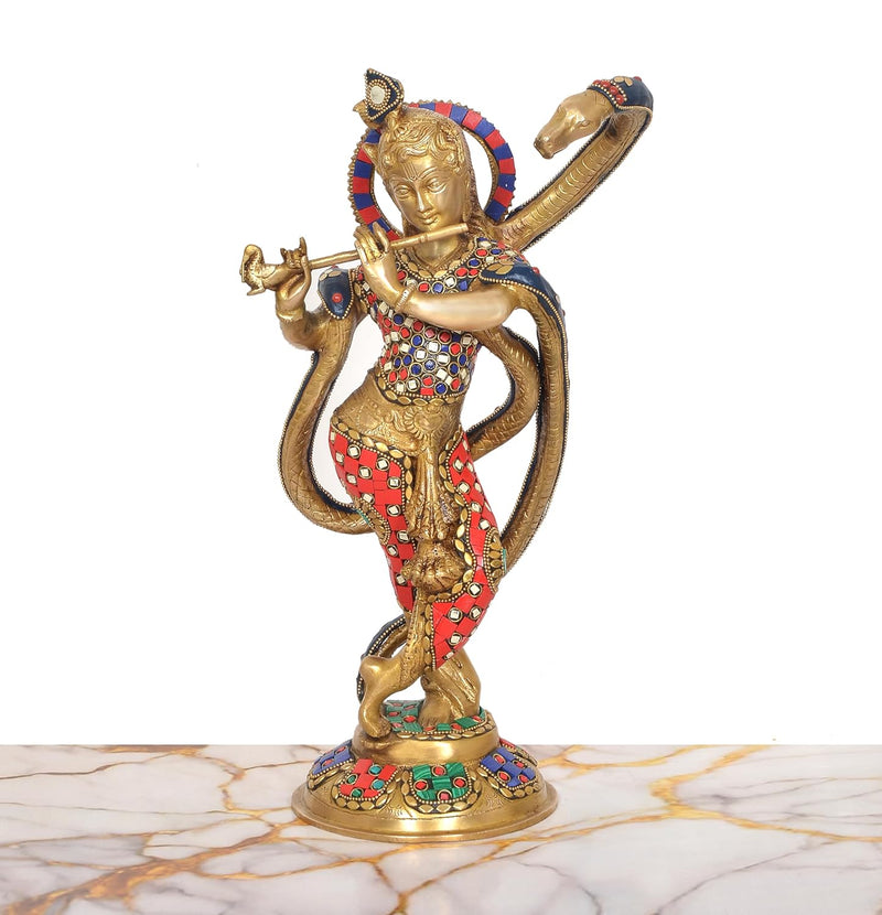 Brass Lord Krishna Surrenders to Kaliya naag Sculpture Playing Flute (Height: 15 Inch)