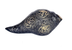Dark blue brass shankh with ornate gold patterns and relief of Lord Vishnu and Laxmi
