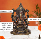 11-inch Brass Ganpati Bappa murti, seated four-armed deity with gold accents