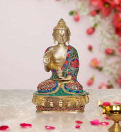 Gold brass meditating Buddha statue, seated pose, colorful jewel inlaid robe, 10 in