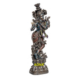 Resin Krishna Murli Manohar statue, three-quarter view, ornate pedestal base