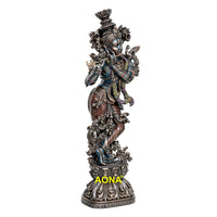 Resin Krishna Murli Manohar statue, three-quarter view, ornate pedestal base