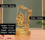 Golden brass Radha Krishna swing idol with seated figure and arch frame