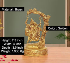 Golden brass Radha Krishna swing idol with seated figure and arch frame